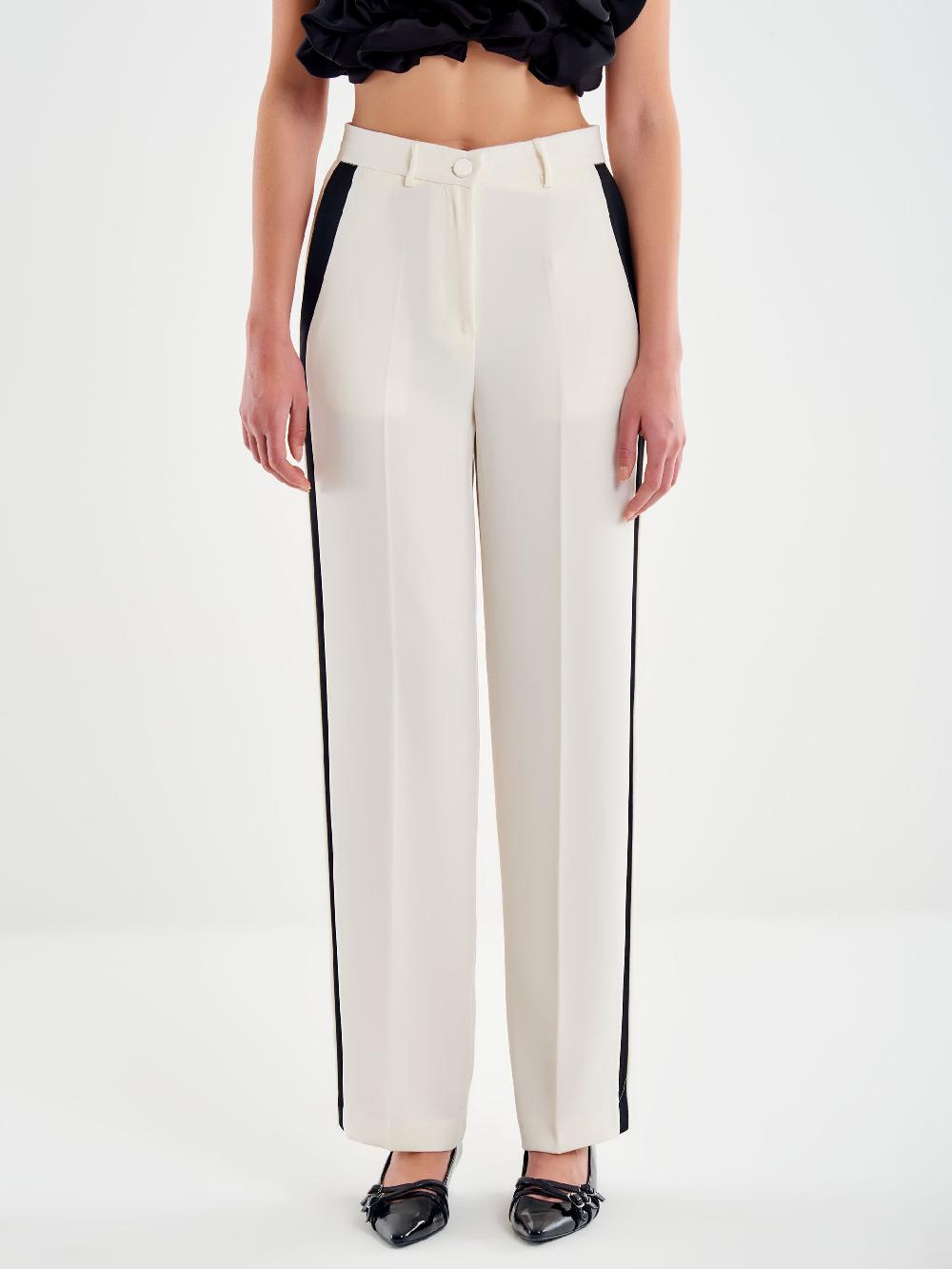 Vicolo Pantalone Banda Laterale Satin a Contrasto Bianco Negozi Online