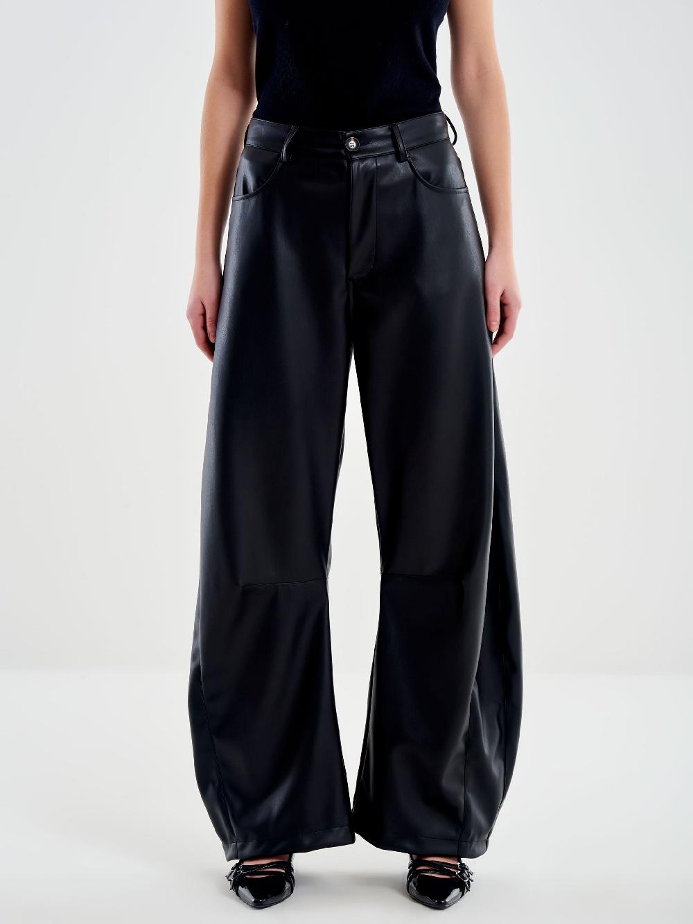 Vicolo Pantalone Ecopelle Loose Fit Nero Consegna Veloce