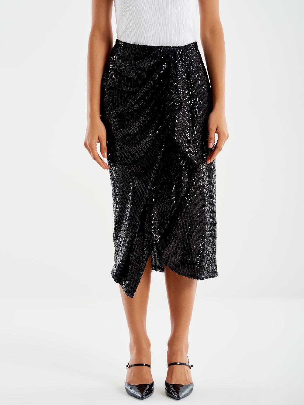 Vicolo Gonna Midi Drappeggiata in Paillettes Nero Presa