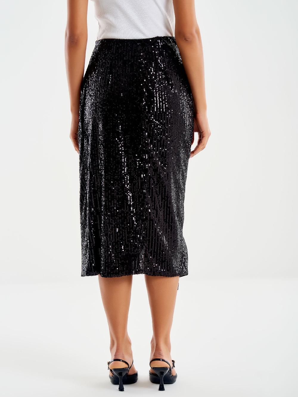 Vicolo Gonna Midi Drappeggiata in Paillettes Nero Presa