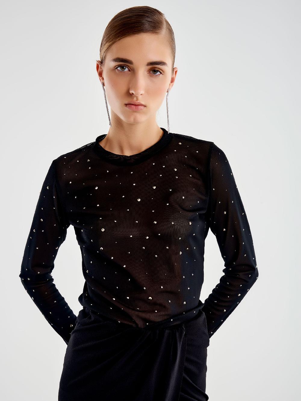 Vicolo Maglia in Tulle con Strass Nero Vendita Calda