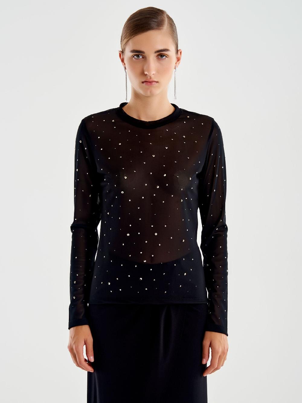 Vicolo Maglia in Tulle con Strass Nero Vendita Calda