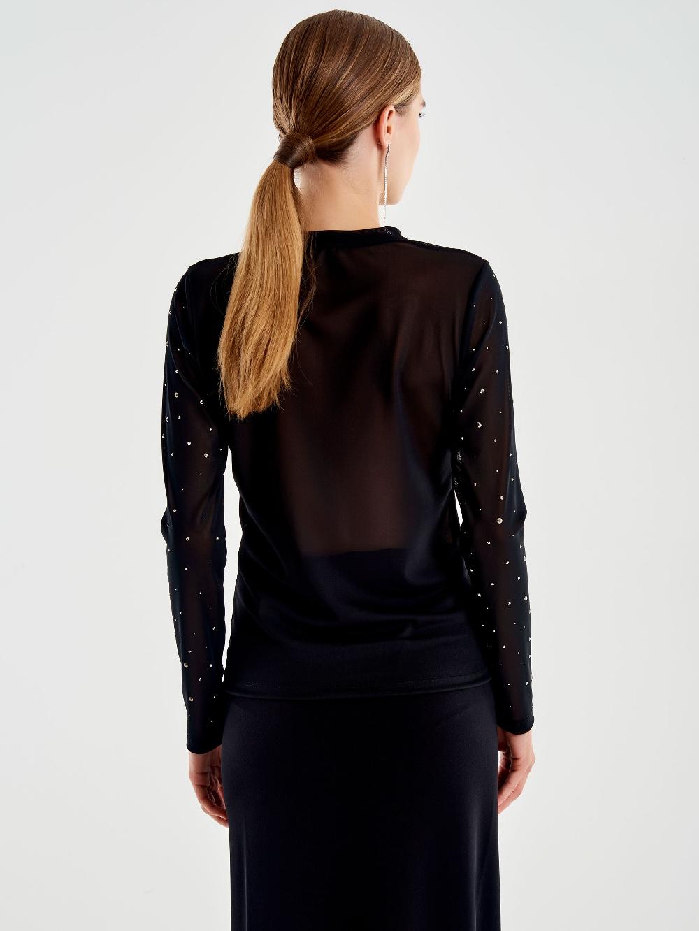 Vicolo Maglia in Tulle con Strass Nero Vendita Calda