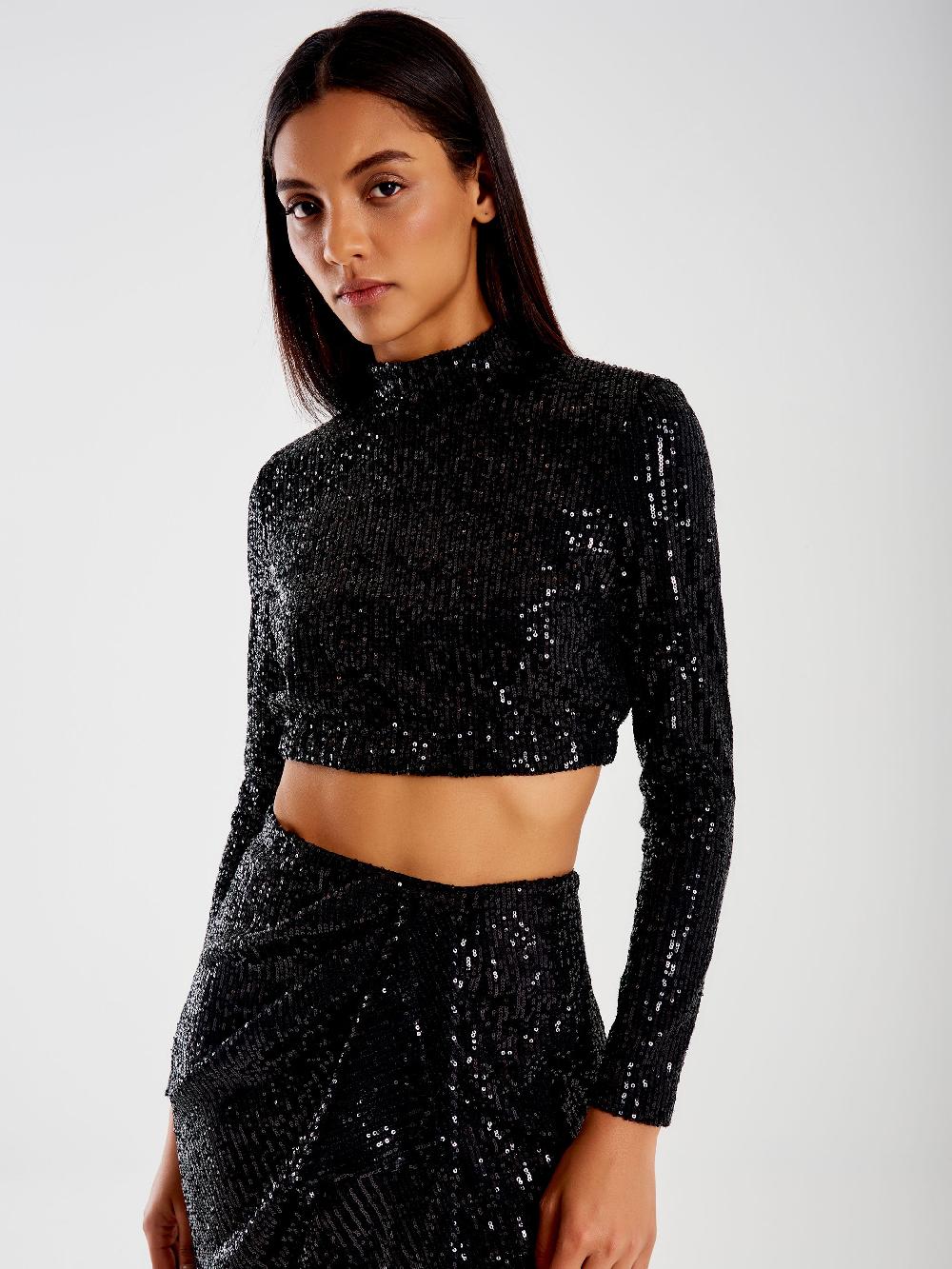Vicolo Top Cropped Paillettes Nero Saldi Di Fabbrica