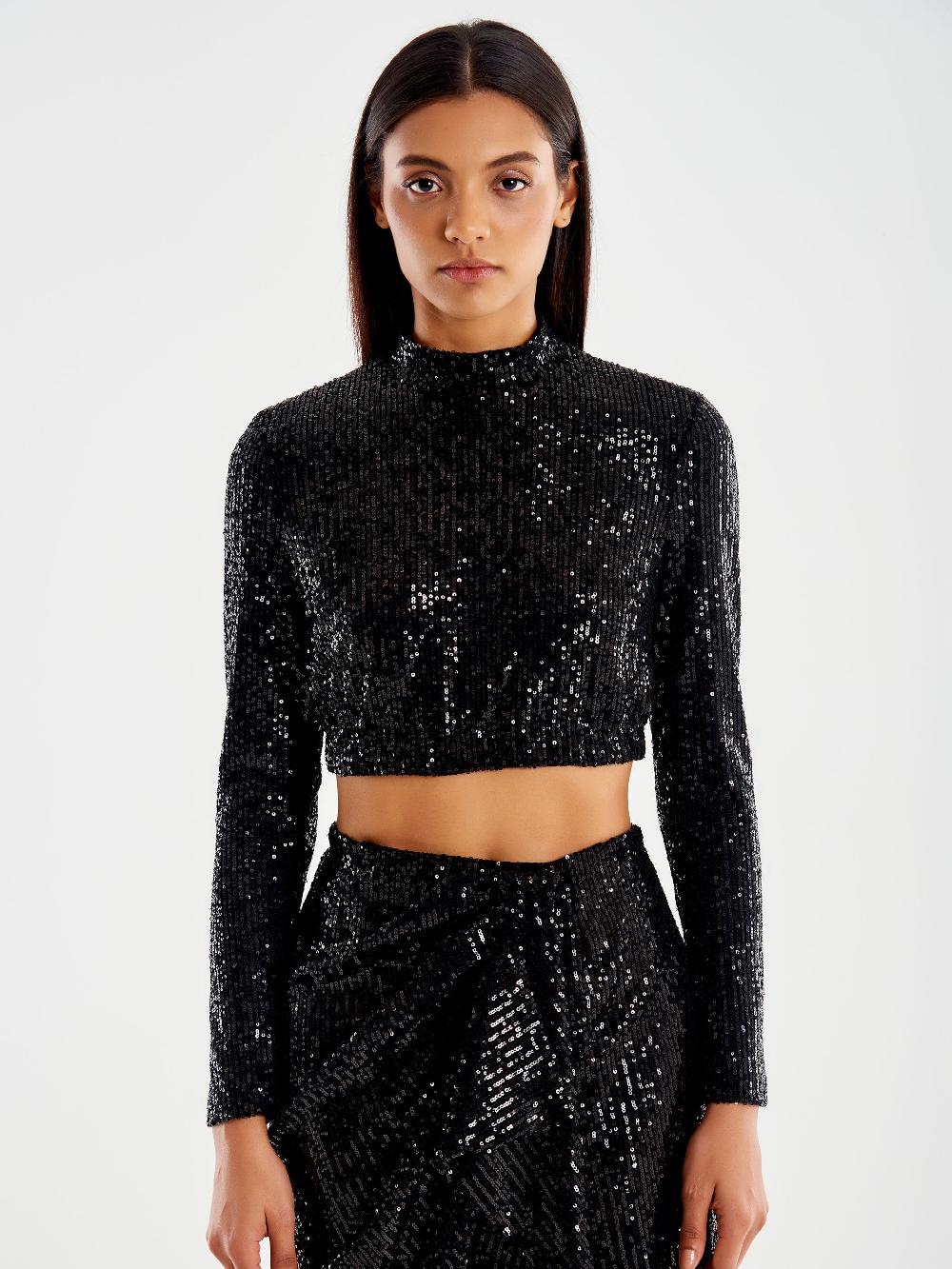 Vicolo Top Cropped Paillettes Nero Saldi Di Fabbrica