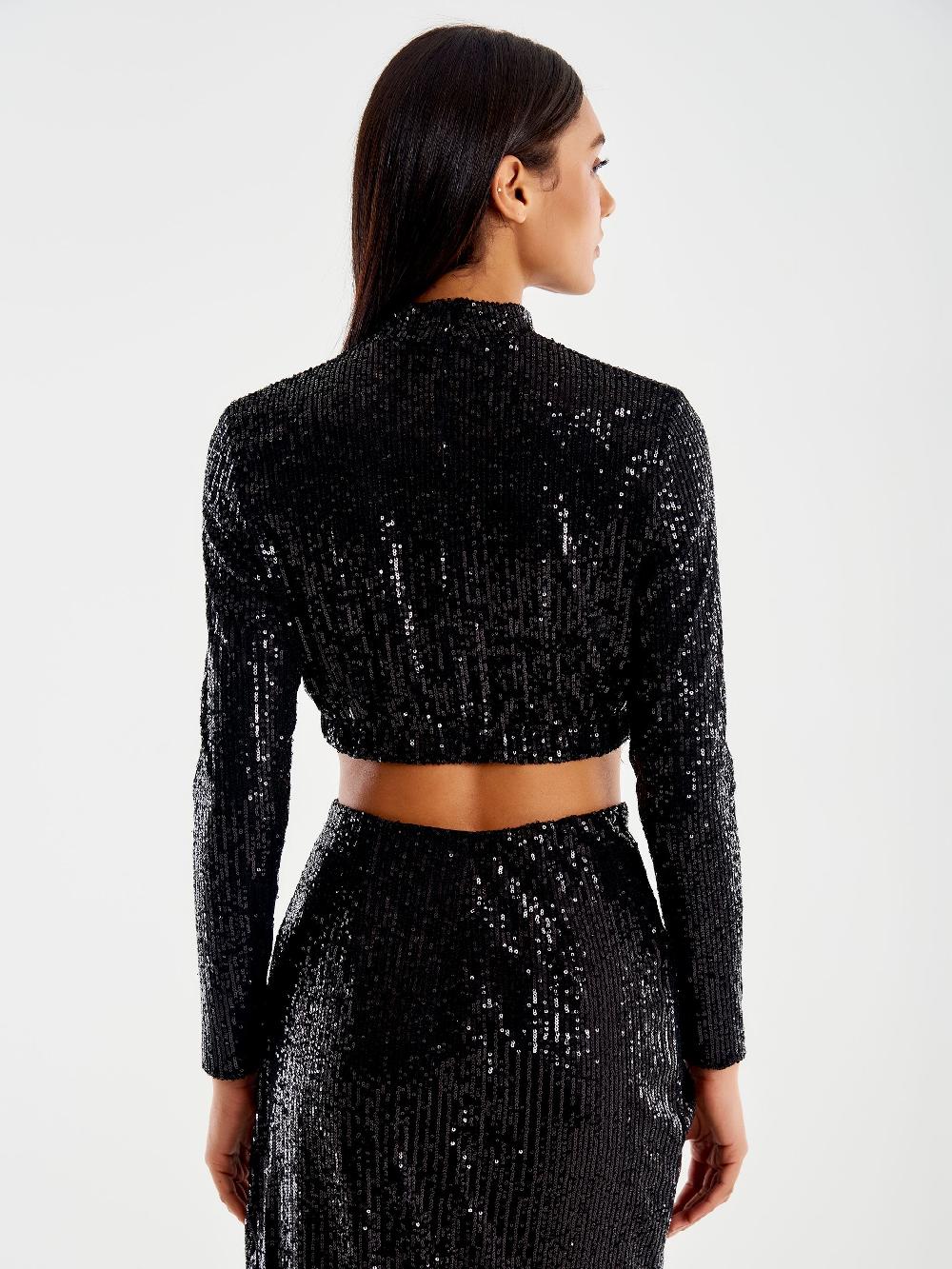 Vicolo Top Cropped Paillettes Nero Saldi Di Fabbrica