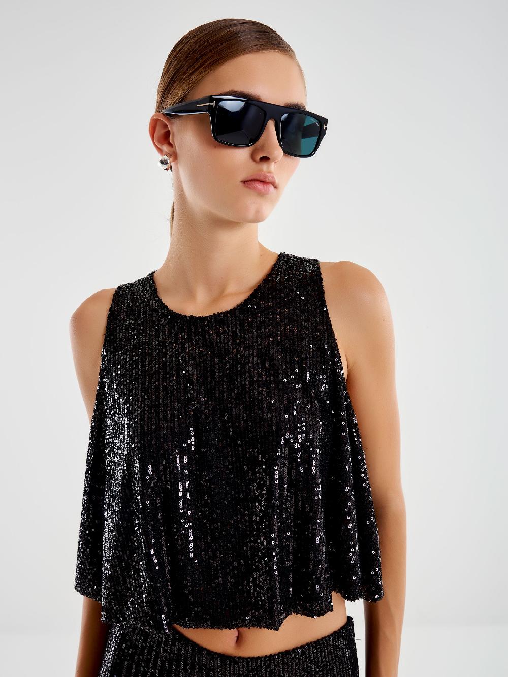 Vicolo Top Cropped a Ruota in Paillettes Nero Vendite Flash