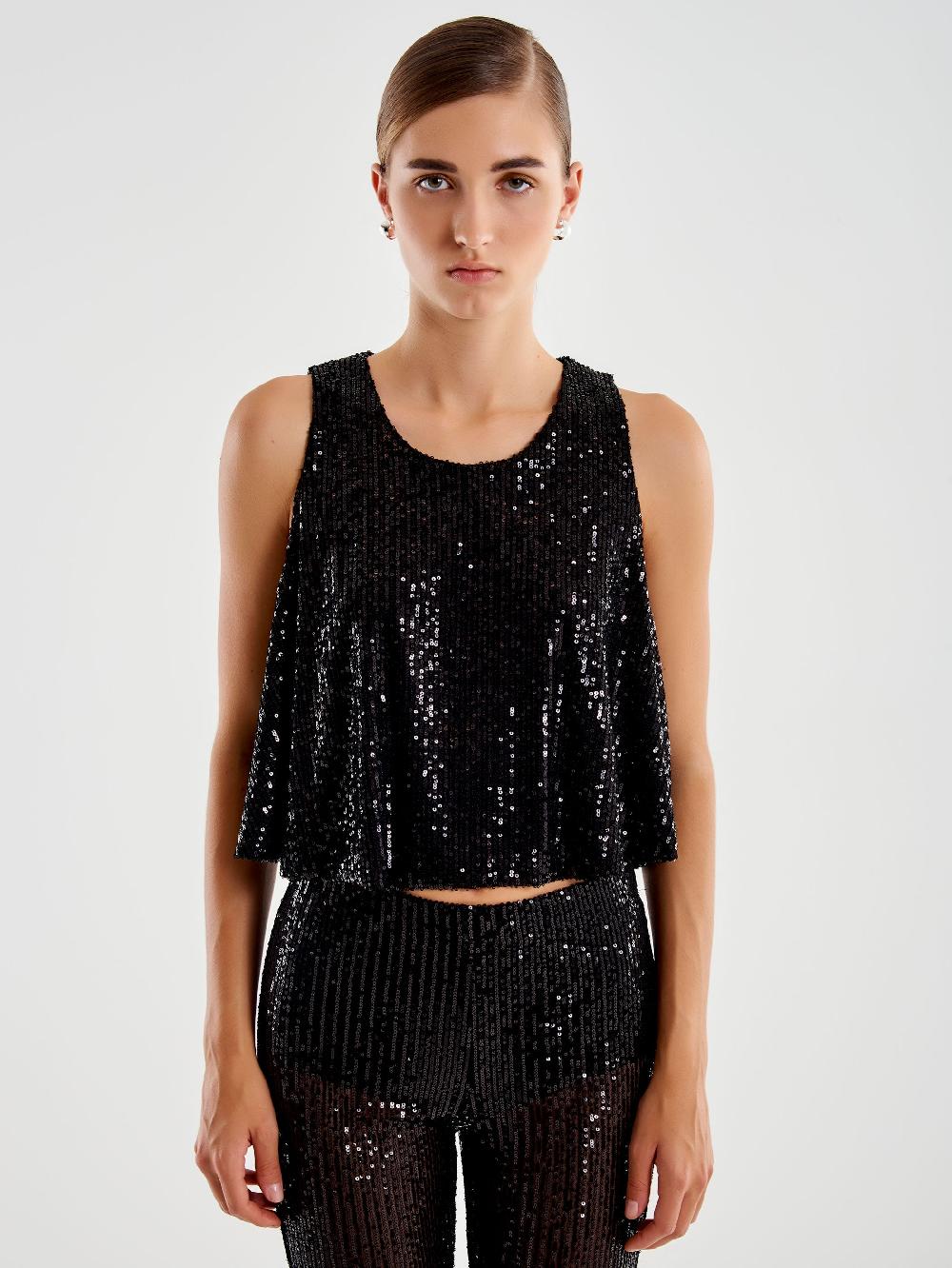 Vicolo Top Cropped a Ruota in Paillettes Nero Vendite Flash