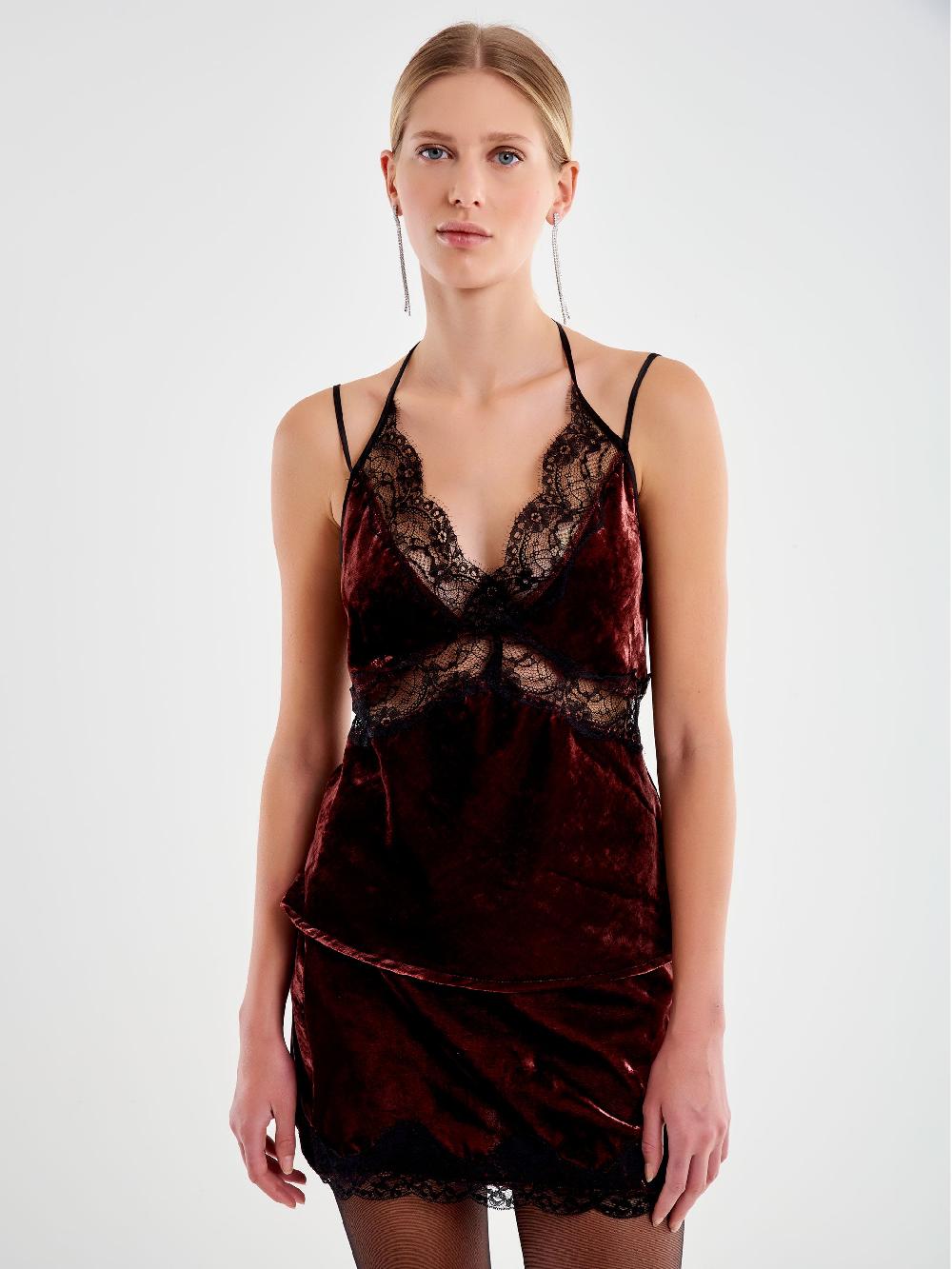 Vicolo Top in Pizzo e Velluto Bordeaux Moda