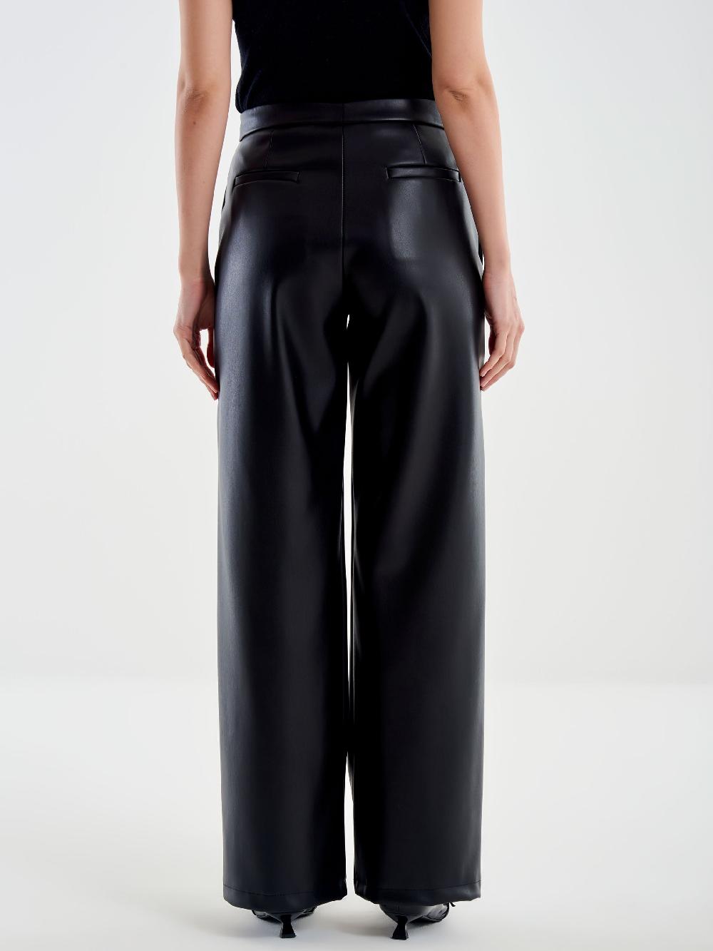 Vicolo Pantalone Straight Effetto Pelle Nero Consegna Veloce