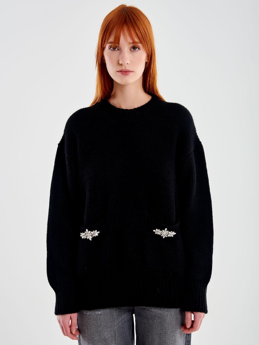 Vicolo Pull Girocollo con Cabochon Tasche Nero Promozione