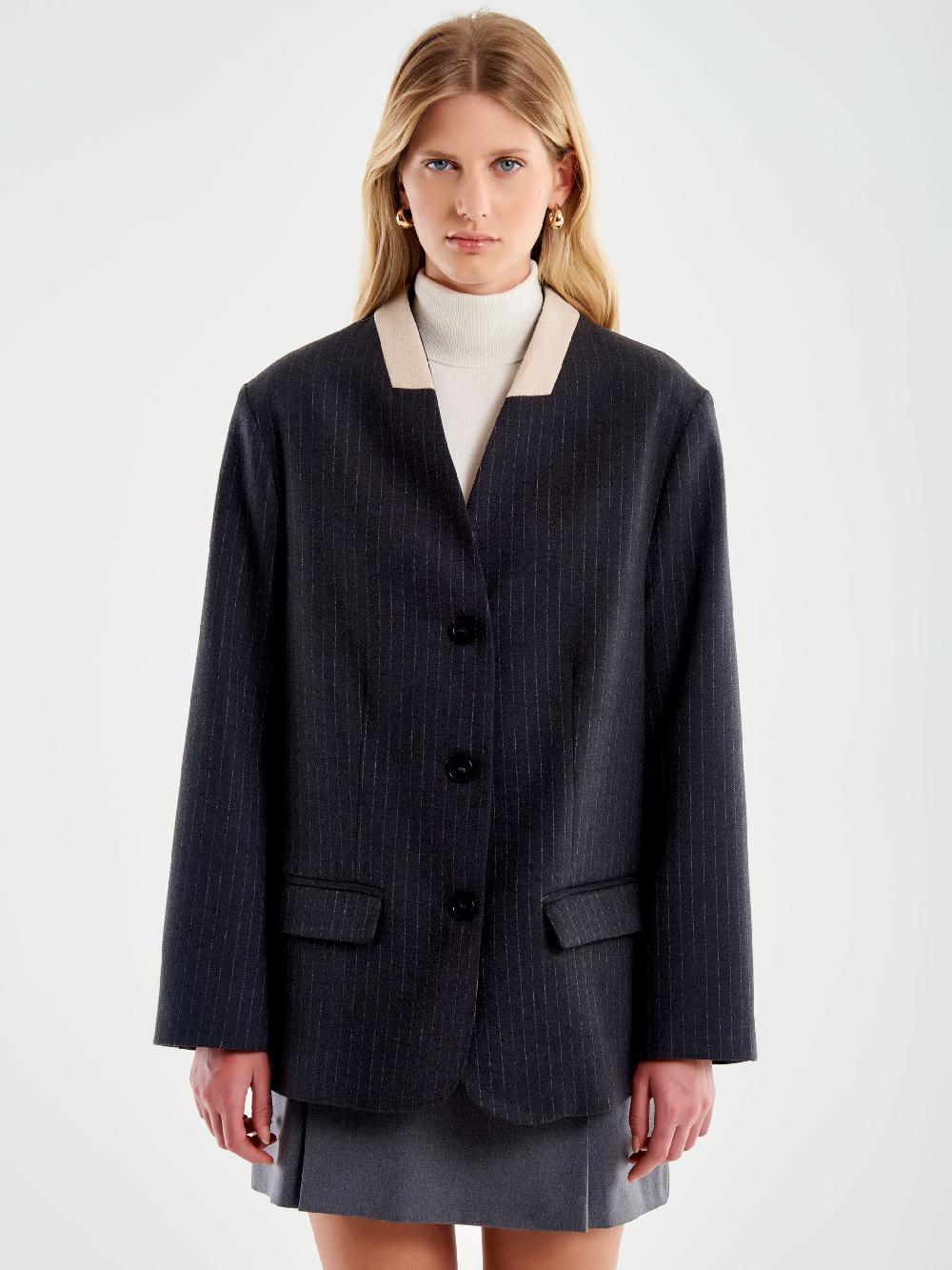 Vicolo Blazer Gessato Senza Revers Grigio Acquista Ora
