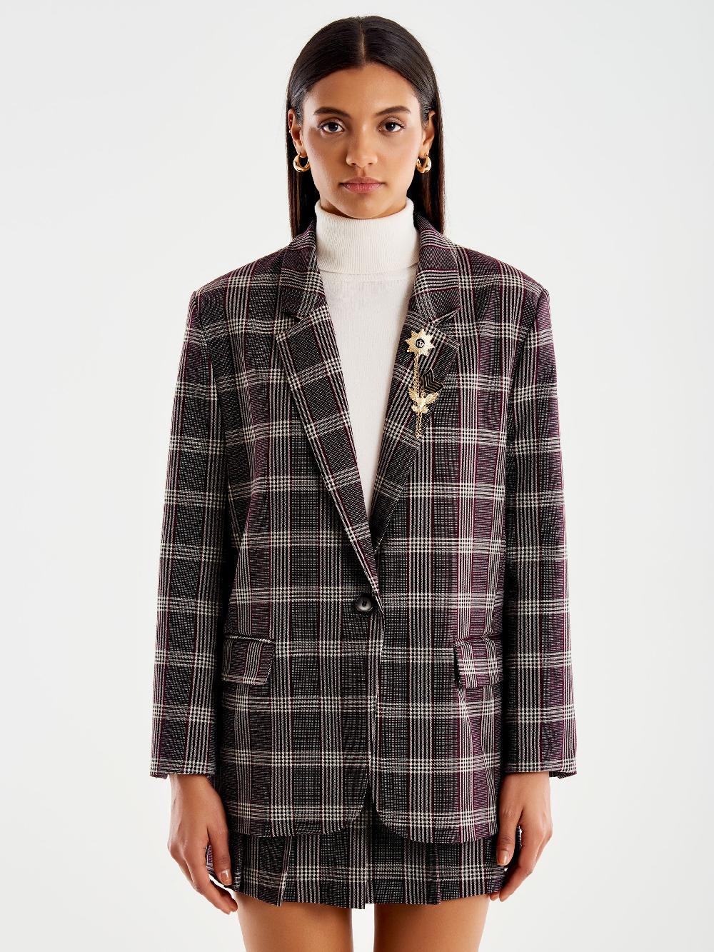 Vicolo Blazer Check Over Monopetto con Spilla Bordeaux Shopping Online