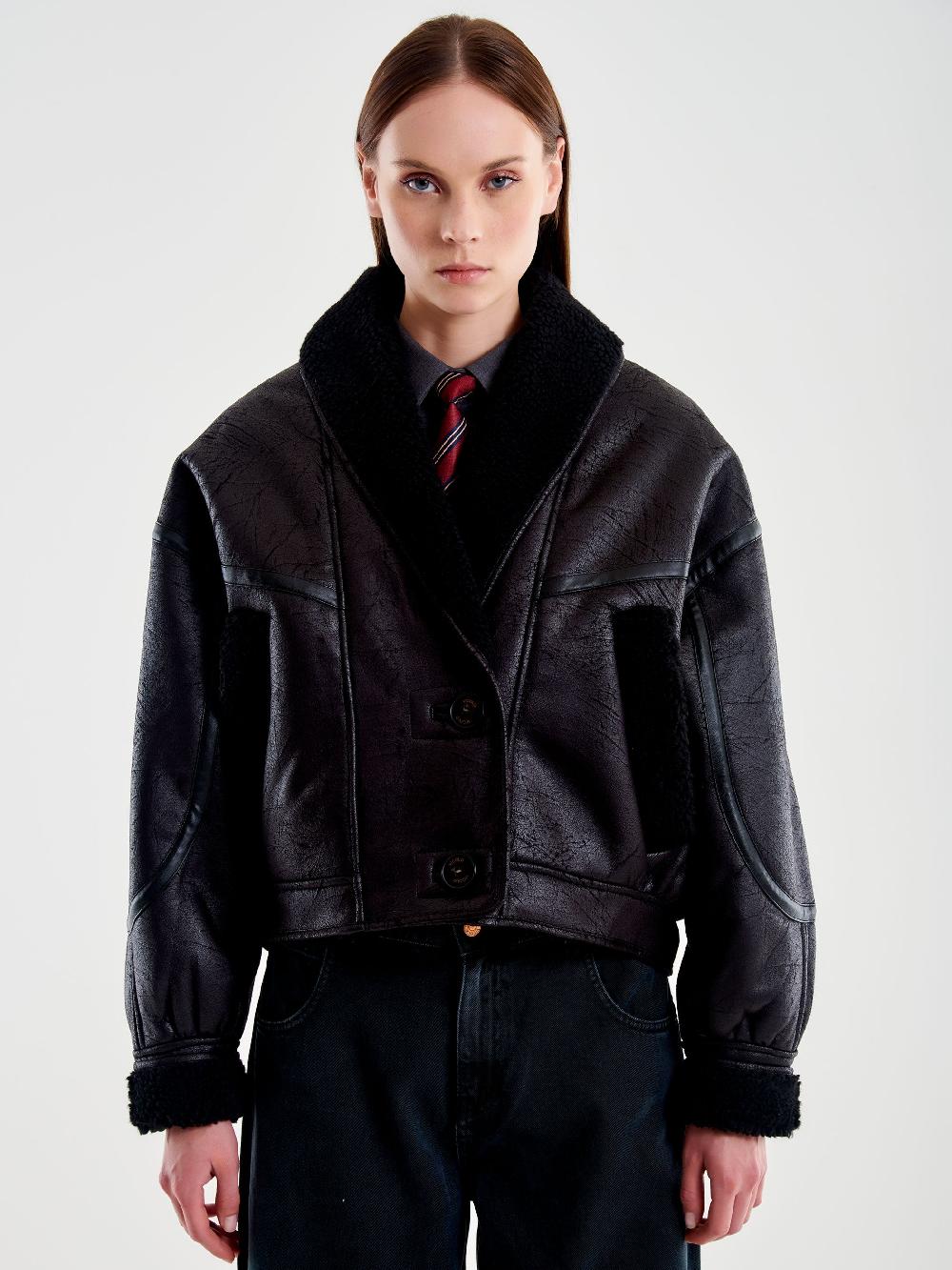 Vicolo Giubbotto Oversized effetto Pelle Nero Sottocosto