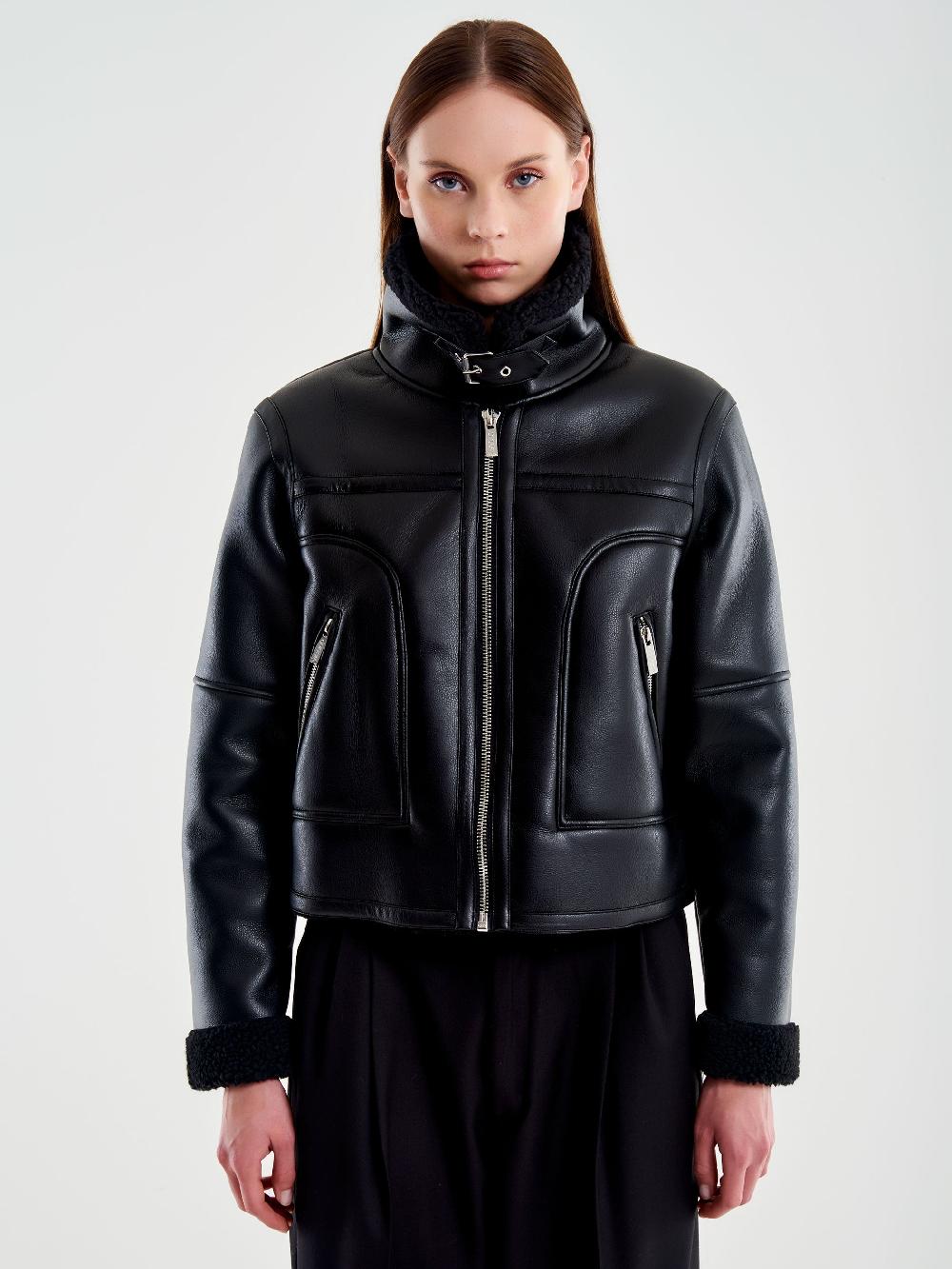 Vicolo Giubbotto Biker Cropped Effetto Pelle Nero Convenienza