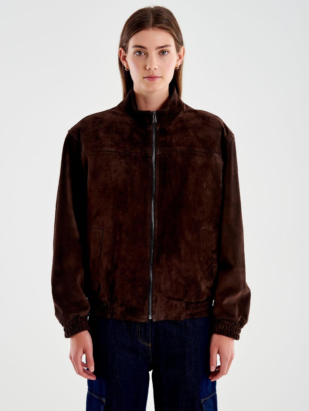 Vicolo Bomber in Pelle Scamosciato Marrone Presa