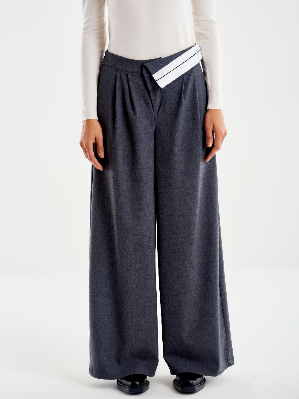 Vicolo Pantalone Ampio con Risvolto in Vita Grigio Sconto