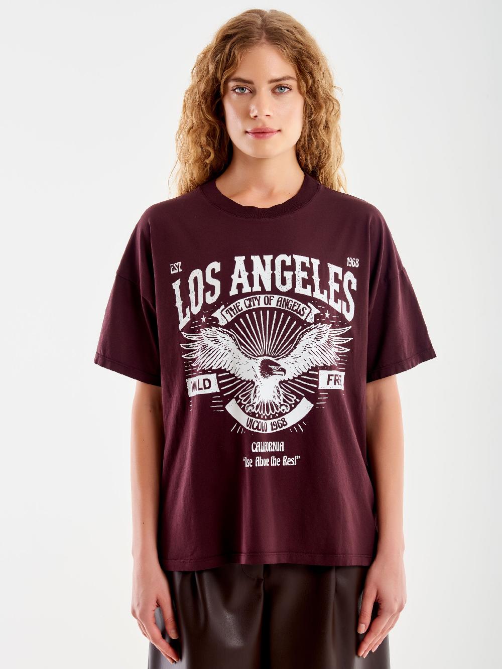 Vicolo T-shirt Varsity "Los Angeles" Bordeaux Qualità
