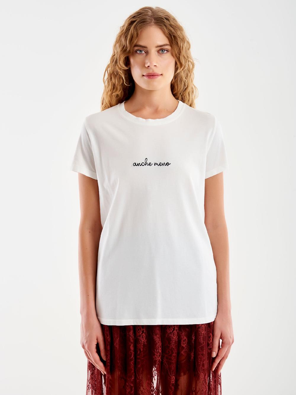 Vicolo T-Shirt Ricamata "Anche Meno" Bianco Soddisfazione Garantita