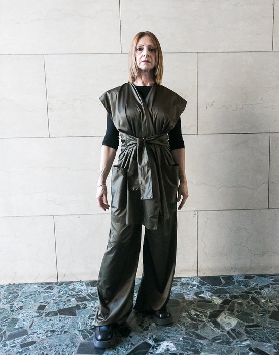 ﻿Zerobarracento Recycled polyester Wide Pants - Black/Olive/Ocra Newlife Negozi Online
