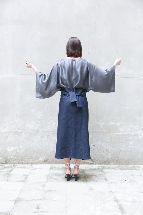 ﻿Zerobarracento Recycled Cotton Denim Wrap Midi Skirt Economico
